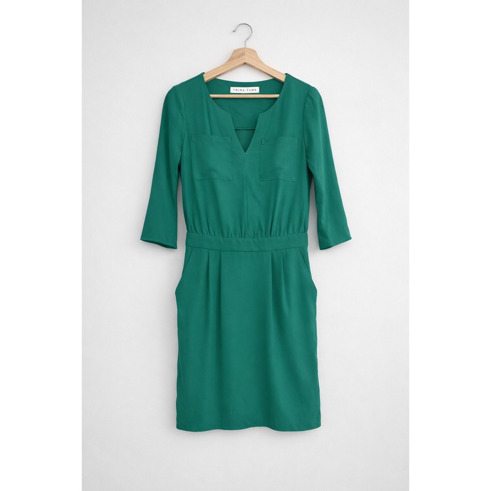 Trina‎ Turk Green V‑Neck Dress 3/4 Sleeve Modern Chic Career Casual Style 2